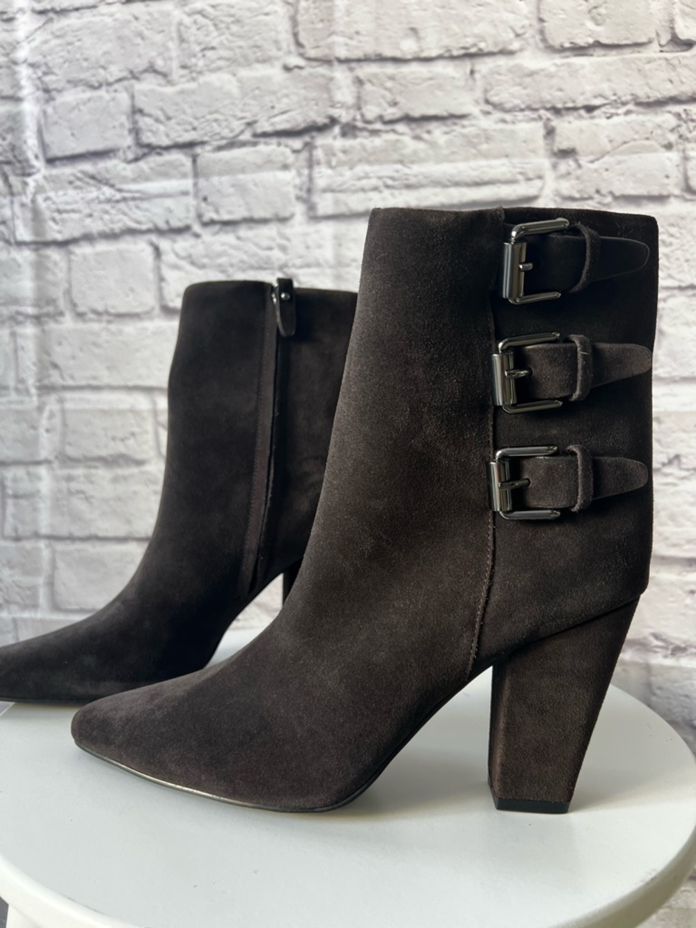 Rebecca Minkoff Brown Suede Leather Ankle Boots Size 10 Buckle Heeled Booties